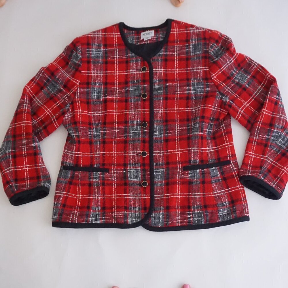 Vintage Koret Red Black Plaid Tartan Checked Holiday Jacket Preppy Festive L